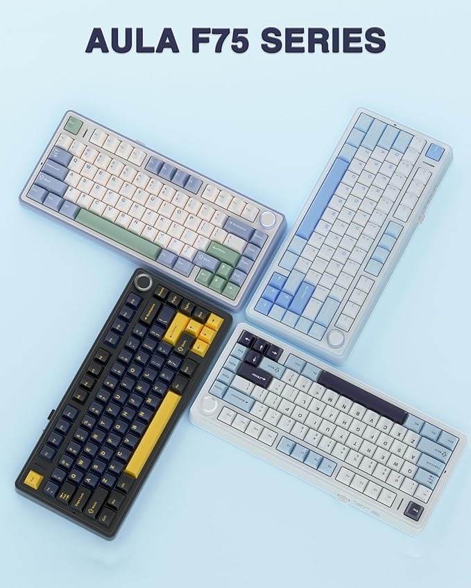 AULA F75 75% Wireless Mechanical Keyboard Hot Swappable Creamy Keyboard Pre-lubed Greywood Switches RGB Backlit Gaming Keyboards 2.4GHz/Type-C/BT5.0(Salt White Blue)