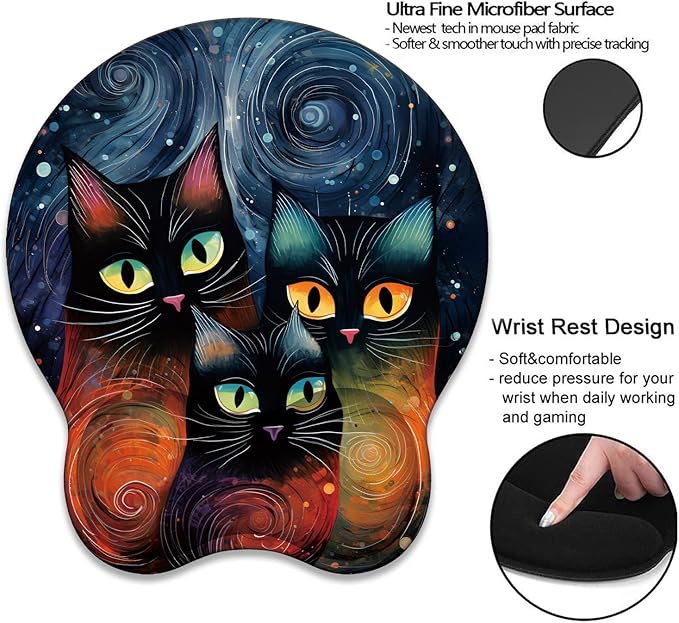 Mouse Wrist Rest and Keyboard Wrist Rest Pad+ Coaster Set Non-Slip Rubber Base Smooth Surface Ergonomic Gaming Mouse Pad for Easy Typing and Pain Relief Moon Cat