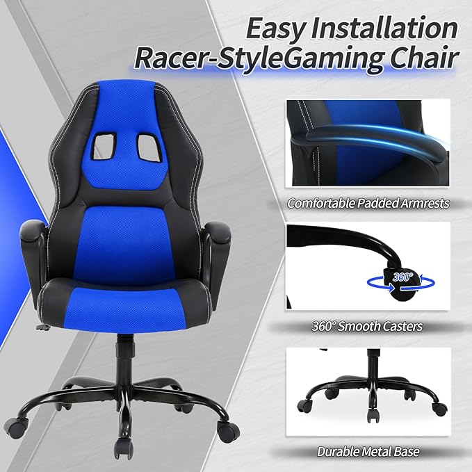 Office Chair Ergonomic Gaming Chair High Back Computer Desk Chair with Lumbar Support Adjustable PU Leather Gamer Chair Comfortable Racing Style for Adults Teens Kids (Classic Version Blue)