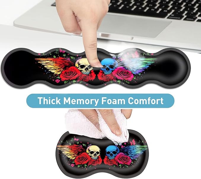 Keyboard Mouse Pad Set Extended Gaming Mouse Pad+Ergonomics Keyboard Wrist Rest Support Memory Foam Easy Typing Pain Relief 4Pcs XL Ultra Thick Desk MatRainbow Skulls Wings Roses