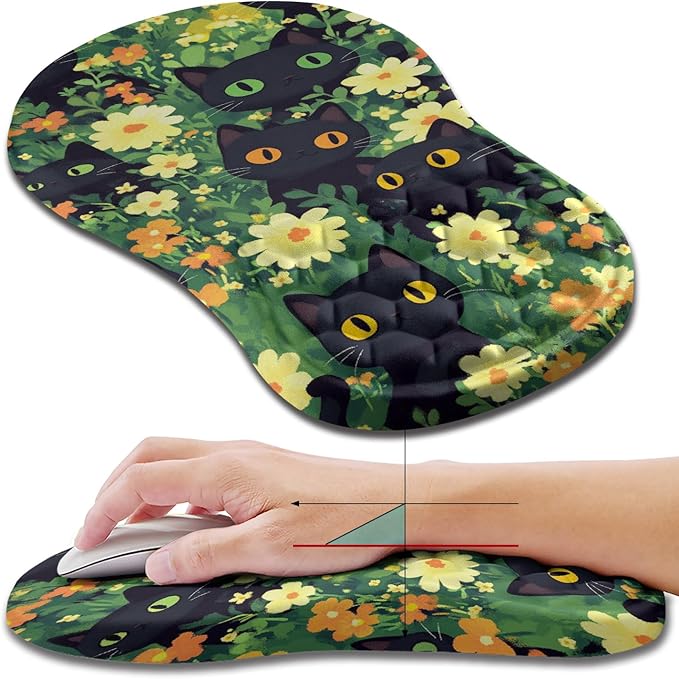 Hokafenle Ergonomic Mouse Pad Wrist Support Wrist Rest Mousepad for Carpal Tunnel Pain Relief with Integrated Memory Foam Slope Massage Bulge (11.8x7.9 inchCute Cat