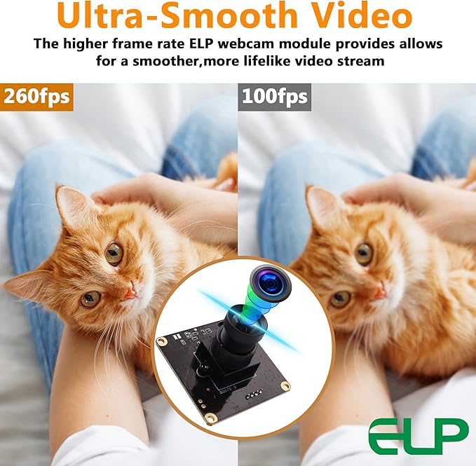 ELP High Speed USB Camera 1080P Embedded Webcam Board with 100degree No Distortion Lens for Computer High fps 60fps 120fps 260fps Wide Angle UVC USB2.0 Camera Module for Laptop 3D Printer Raspberry Pi