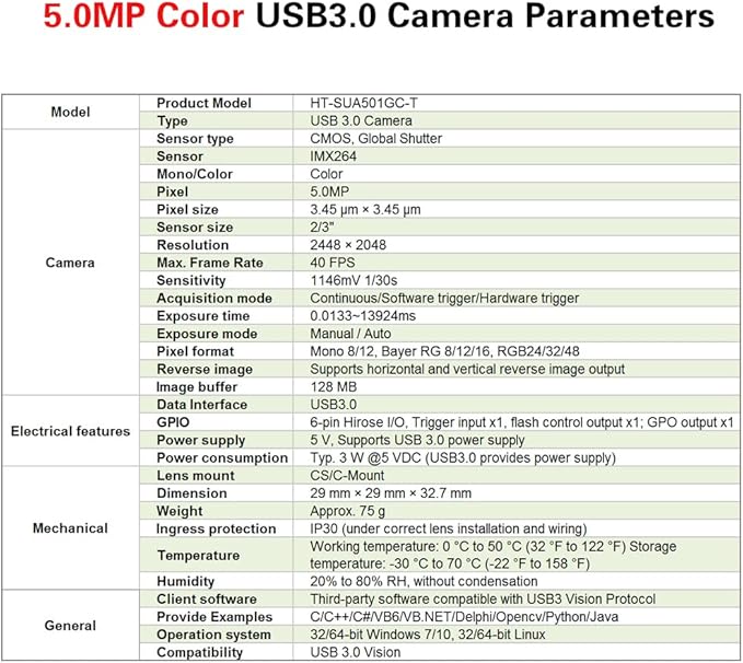 High Speed USB3.0 Color 5.0MP 2/3 Machine Vision Global Shutter Digital Industrial Camera C-Mouth Supports Windows and Linux SDK Area Scan Camera Sensor 2448x2048 40FPS