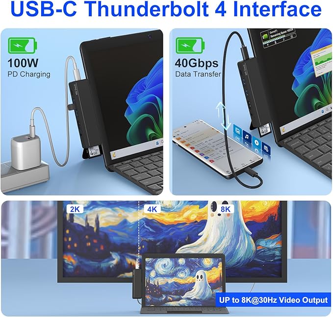 Surface Pro 8/9/X/10 Dongle - Surface Pro 9 Adapter with 4K HDMI Thunderbolt 4 (8K@30Hz Video+40G Data+100W PD) USB 3.0 SD/TF Reader 3.5mm Audio Surface Pro 9 Docking Station Hub