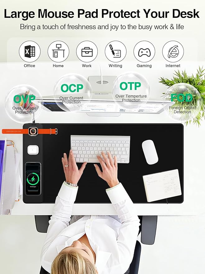 Mouse Pad with Magnetic Wireless Charging Large Desk Mat Non-Slip Mouse Mat Keyboard Pad for Gaming Desk Office PC (The Left Charging-Black)
