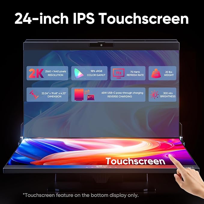 MP Mobile Pixels Geminos X (2 x 24 inch) Dual Stacked Computer Monitor All-Inclusive Workstation 65W USB-C Charging 2K Bottom Touchscreen 1080P Webcam&ampSpeakers USB-A/USB-C/HDMI (Renewed)