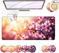 Large Keyboard Mouse Pad Set Extended Mouse Pad+Keyboard Wrist Rest Support Memory Foam Ergonomic Easy Typing 4Pcs (31.5×11.8 in) Desk Pad Set for Office HomeCherry Blossom Floral