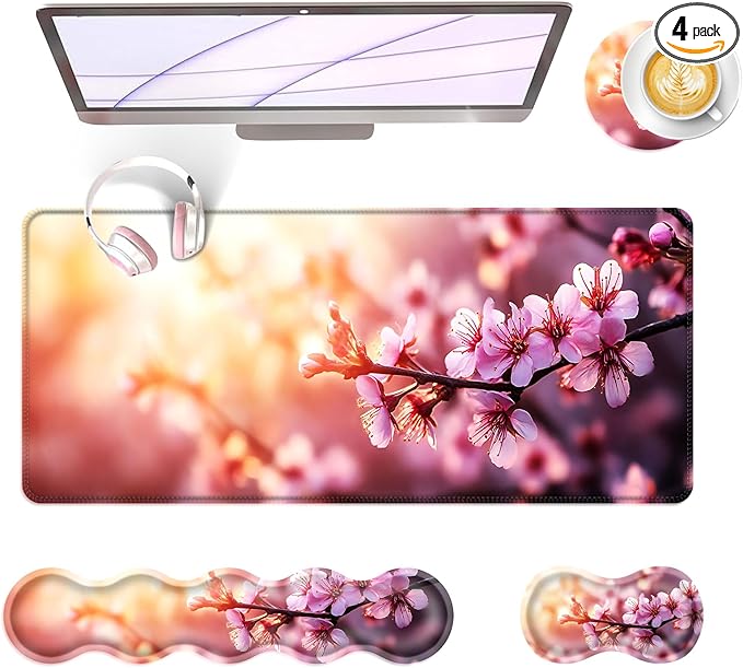 Large Keyboard Mouse Pad Set Extended Mouse Pad+Keyboard Wrist Rest Support Memory Foam Ergonomic Easy Typing 4Pcs (31.5×11.8 in) Desk Pad Set for Office HomeCherry Blossom Floral