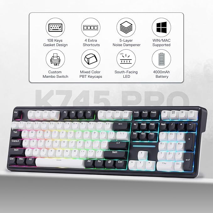 Redragon K745 PRO Wireless Gasket RGB Gaming Keyboard 108 Keys Mechanical Keyboard w/Extra 4 Hotkeys Hot-Swap South-Facing LED Socket 5-Layer Noise Dampening Round PBT Keycaps Mint Mambo Switch