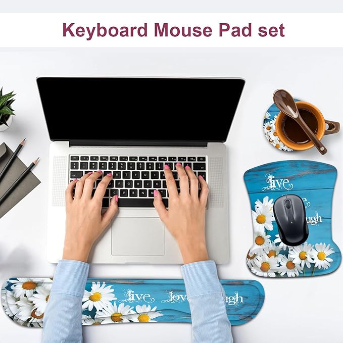 Keyboard Wrist Rest and Mouse Wrist Rest Pad with CoasterMade of Memory FoamErgonomic SupportEasy Typing &amp Pain Relieffor Home Office Working StudyingDaisy Flowers Quote Live Love Laugh