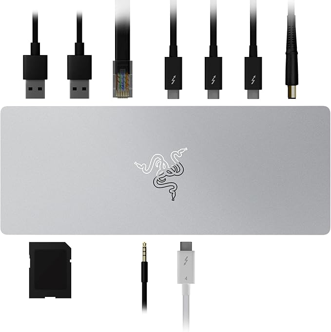Razer Thunderbolt 4 Dock: 10 Ports in 1 - Dual 4K or Single 8K Output - USB A and C Hub 2.5 GbE Thunderbolt 3 Mac and PC Compatible - Thunderbolt 4 Certified - Passthrough Charging - Mercury White