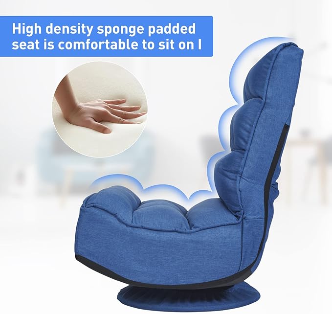 ERGOMASTER Reclining Folding Floor Gaming Chair for Home Office and Lounging Reading w/ 360-Degree Swivel 5 Adjustable Positions Tufted Cushions （Blue）