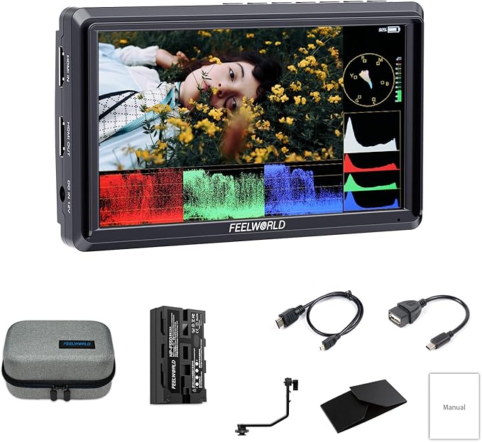 FEELWORLD S55E 5.5 inch DSLR Field Monitor 3D LUT Compact Full HD 1920x1152 IPS Video Assist Peaking Focus with 4K60Hz HDMI 8.4V DC Inputs/Outputs Includes F550 4400mAh BatteryTilt ArmSunshade