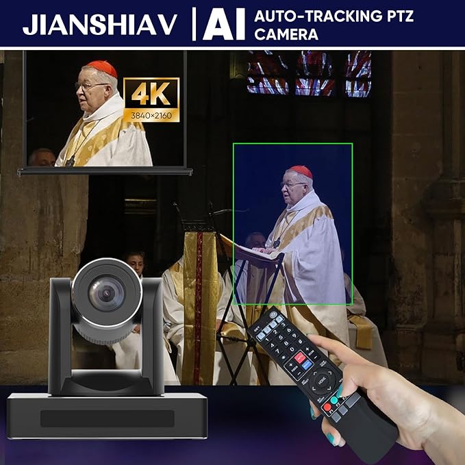 4K 30fps NDI PTZ Camera AI Auto-Tracking 12/20x Optical Zoom True to Life Colors POE HDMIUSBSDIIP Camera for Church Services Worship Education VMiX OBS (JS820USH4K (JS812USH4K)