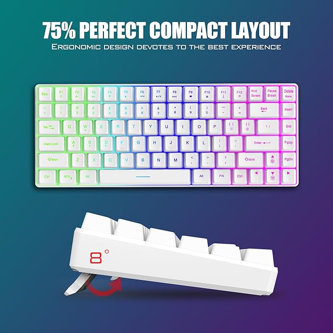 RedThunder K84 Wireless Keyboard and Mouse Combo Rainbow Backlit Rechargeable Battery 75% Layout TKL Ultra Compact Gaming Keyboard &amp Lightweight 3200 DPI Honeycomb Optical Mouse (White)