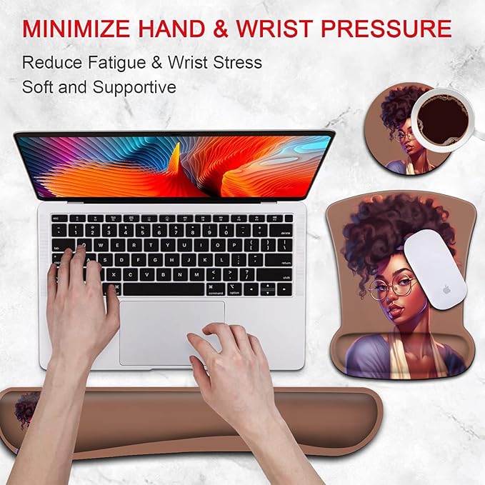 Ergonomic Mouse Pad Wrist Support Gel and Keyboard Wrist Rest Set American Women African Black Design for Laptop Mac Gaming and Office Durable Comfortable and Pain Relief + Coaster