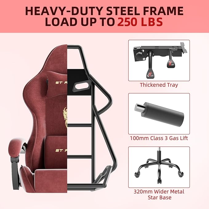 Ferghana Velvet Fabric Gaming Chair High Back Ergonomic Gamer Chair for Adult Comfortable Video Game Chair with Footrest and Massage Lumbar Cushion Racing Reclining Office Computer Desk Chair Red