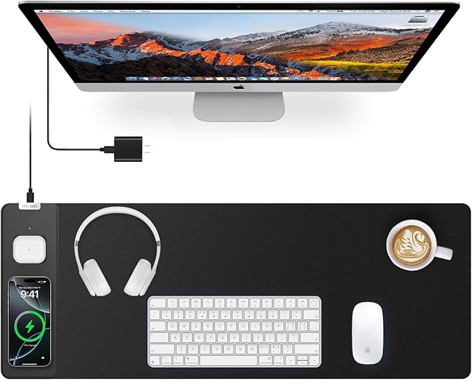 Magnetic Wireless Charging Mouse Pad 27.5x11.8 Gaming Desk Mat for Keyboard/Laptop Non-Slip Base &amp 20W PD Adapter Waterproof Smooth Desk Writing Pad for Gamer Office &amp Home Black