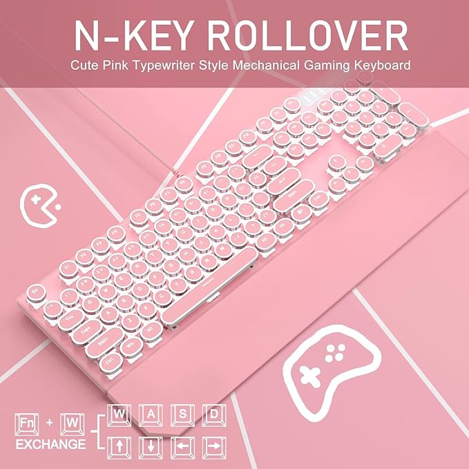 Camiysn Typewriter Style Mechanical Gaming Keyboard Pink Retro Punk Gaming Keyboard with White Backlit 104 Keys Blue Switch Wired Cute Keyboards Round Keycaps for Windows/Mac/PC