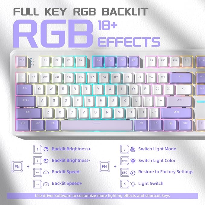 ATTACK SHARK X87 Wireless Mechanical Gaming Keyboard 87 Keys RGB Backlit Gasket Mount PC Gaming Keyboard Compact Hot-Swappable Mechanical Keyboard Sound Absorbing Pads Custom Switch(Purple White)
