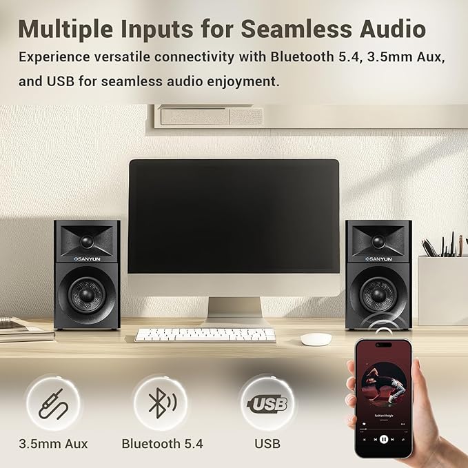 Sanyun SW203 4.0 Computer Speakers - 60W 4-Way DSP Control 3D Immersive Sound - 3 Carbon Fiber Woofer &amp 20mm Silk Dome Tweeter - 24bit DAC USB/Bluetooth 5.4/AUX - Studio-Grade Audio (Pair Red)