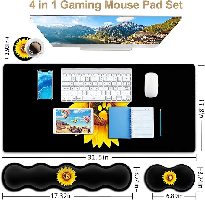 Gaming Mouse Pad Set Large Mouse Pad and Ergonomic Memory Foam Keyboard Wrist Rest Support Easy Typing Pain Relief Writing Mat Extended Office Desk Mat Sunflower Dog Paw Print Black Mouse Pad