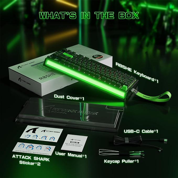ATTACK SHARK R85 HE Wired 75% Rapid Trigger Mechanical RGB Gaming Keyboard with Custom Lightbox8KHz Polling Rate0.005mm RT Accuracy0.08MS LatencyHall EffectMagnetic SwitchDriver for PC-Green
