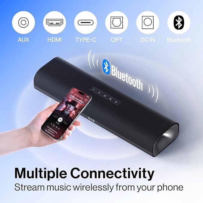 OXS Thunder Lite PC Gaming Soundbar Sound Bars for TV with Virtual Surround Sound 2 Full-Range Drivers Bass Tube Compact Design HDMI/AUX/Optical Compatible Bluetooth 5.0 Wireless Connection