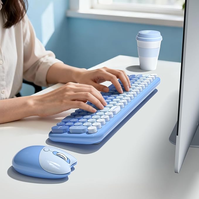 Wireless Keyboard and Mouse Combo MOWUX Compact Typewriter Retro Round Computer Keyboard Cute Optical Mouse Wireless Plug and Play for Laptop PC Computer- Blue Gradient