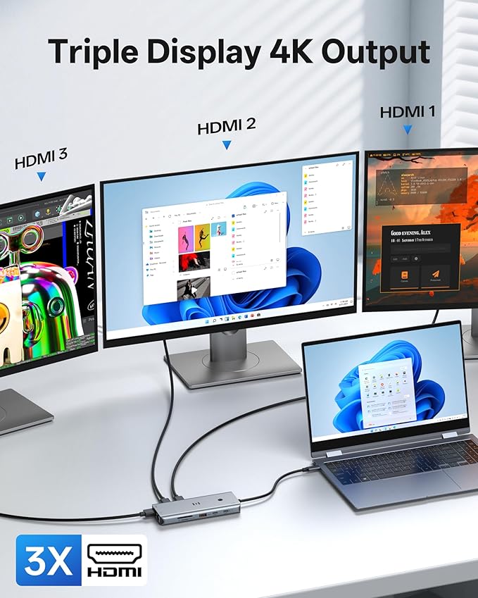 USB C Docking Station 3 HDMI Selore 12-in-1 Docking Station 3 Monitors with Triple HDMI 10Gbps USB A/C 3.1 100W PD Charging Gigabit Ethernet SD/microSD Card Reader for Dell/HP/Lenovo Laptops