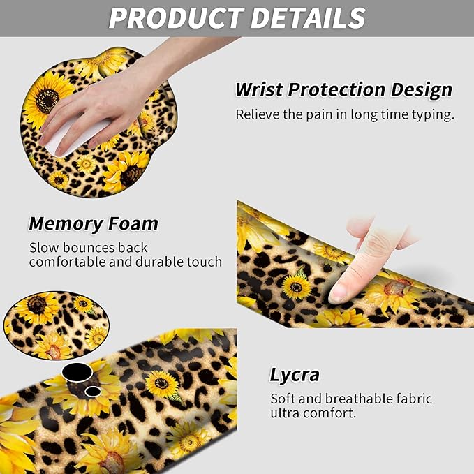 3 in 1 Full Desk Mouse Pad and Keyboard Wrist Rest Set Extended Gaming Mouse Pad + Ergonomic Keyboard and Mouse Mat with Soft Memory Foam Wrist Support for Office Home Sunflowers with Leopard Print