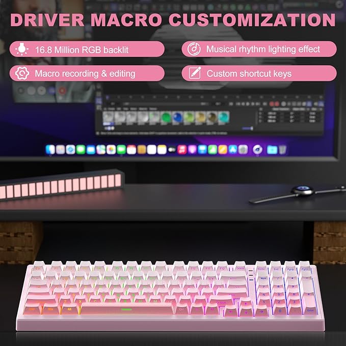 CC MALL X98 Ultra Wireless Mechanical KeyboardHot Swappable Custom Keyboard with Number PadLinear SwitchesTri-Mode BT5.0/2.4GHz/USB-CRGB Backlit Pink Gaming Keyboards for Win/Mac/PC