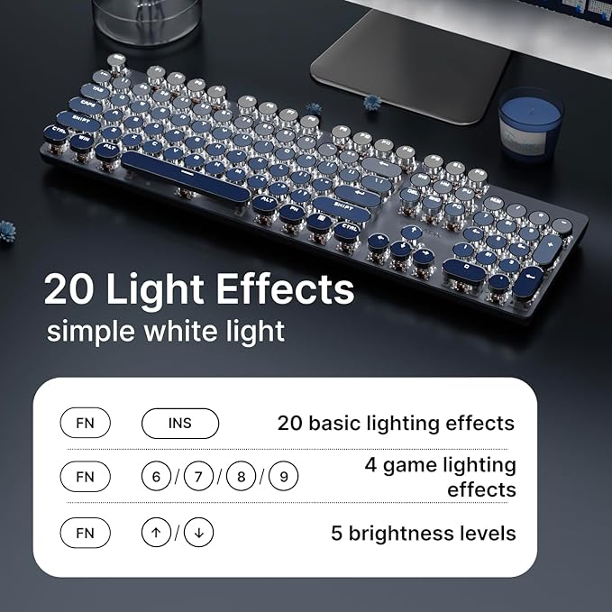 EWEADN Typewriter Keyboard Wireless Mechanical Keyboard 104 Keys Gradient Color Typewriter Keyboards with White Backlit Anti-Ghosting Blue Switch Bluetooth/2.4GHz/Wired Keyboards-Blue