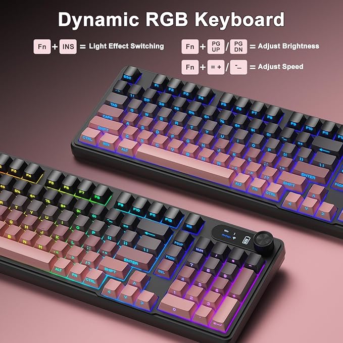 BlueFinger Wireless Gaming Keyboard and Mouse Combo RGB Backlit Tri-Mode Bluetooth/2.4G/USB-C Wired 98 Keys Quiet Keyboard with Number Pad Volume Knob &amp Screen 4800 DPI Mouse for PC/Mac/Lapto