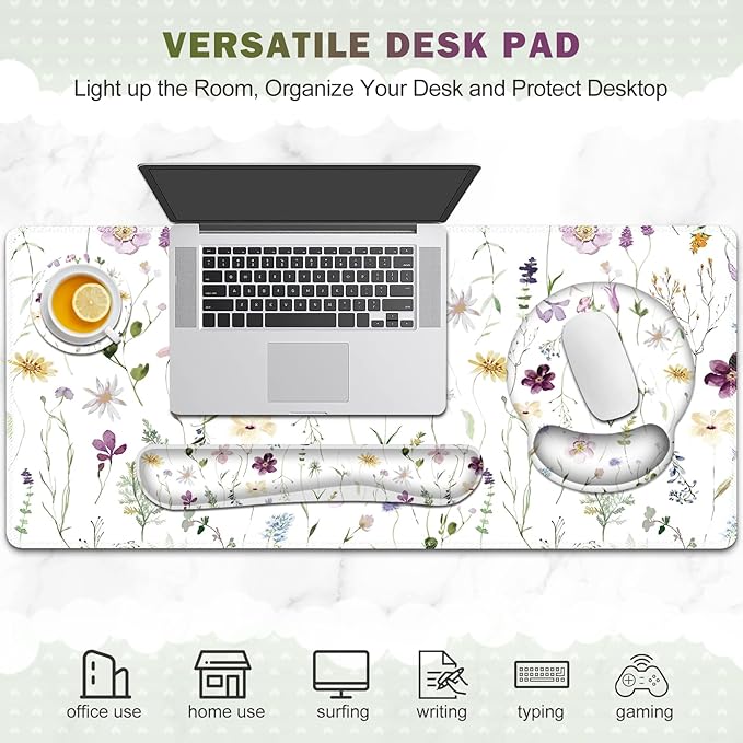 Gaming Mouse Pad Large Desk Mat Cute Desk Pad Protector 4in1 XXL Mousepad + Keyboard Wrist Rest+Mouse Wrist Rest+Coaster Set with Ergonomic Desk Pad for Home Office Computer Purple Flower Plants