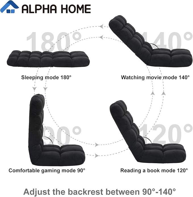 ALPHA HOME Adjustable Floor Chair with Backrest &amp Cushion Dorm Rocker 4 Positions Video Gaming Chair Folding Lazy Sofa Recliner Living Room Seating Lounge Chair for Reading Watching TVBalck