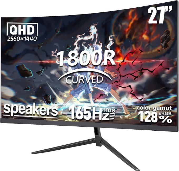 27 Inch Curved Gaming Monitor – QHD 1440P 165Hz Refresh Compueter Monitor 1ms Response DP HDMI VESA Mount 120% sRGB HDR Eye Care Slim Bezel Adjustable Stand
