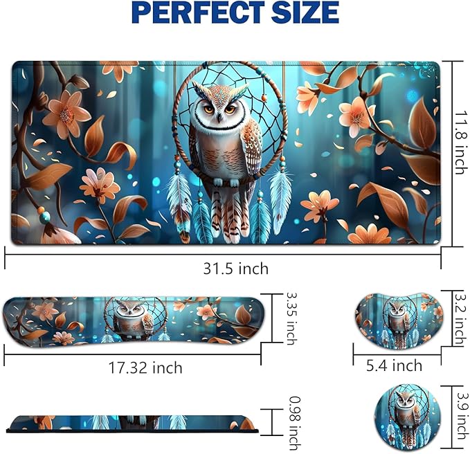 Large Mouse Pad + Keyboard Wrist Rest Set Extended Gaming Mousepad (31.5X11.8 inch) with Non-Slip Rubber Ergonomics Memory Foam Mouse Wrist Rest Support Dreamcatcher and Owl XXL Desk Pad