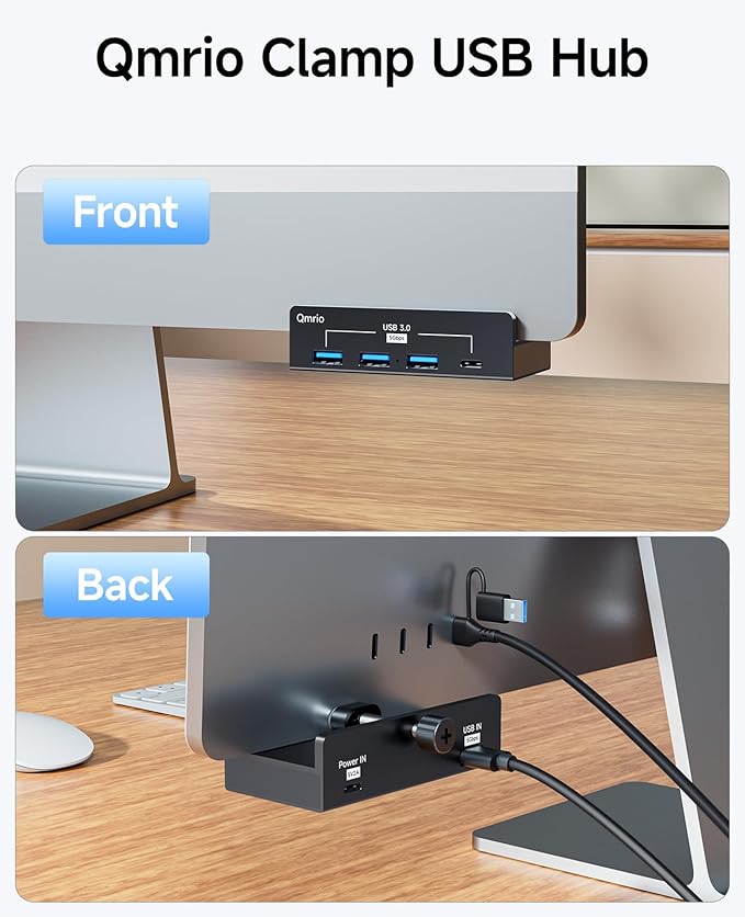 USB Hub 3.0 5Gbps Clamp USB Hub for Desk/Monitors with Extra Power Supply Port 3 USB-A Data Ports USB-C Data Port for iMac Pro/iMac (Black)