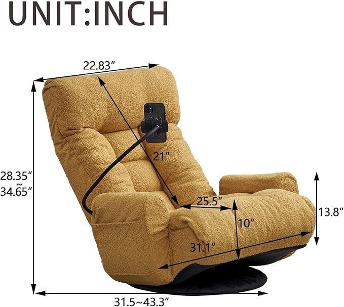 Gaming Lounge Chair Swivel Floor Gaming Chair Adjustable Head and Waist with Armrests &amp Side Pocket &amp Phone Holder Floor Rocker Gaming Chairs for E-Sports Reading Relaxing Watching TV (Y