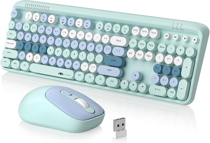 MageGee Wireless Keyboard and Mouse Combo Round keycaps Retro Typewriter Keyboard 104 Key Full-Sized Keyboard Automatic Power Saving 2.4GHz Wireless Connection for Mac/Windows/PC