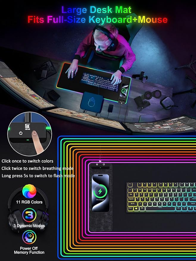RGB Gaming Mouse Pad with Fast Wireless Charger LED Extended Desk Mat Home Office Large Desk Pad with Ultra-Smooth Surface Non-Slip Base Waterproof Keyboard Pad (Black)