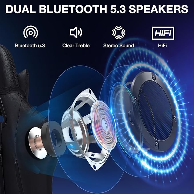 Gaming Chair with Bluetooth Speakers and LED RGB Lights Ergonomic Massage Computer Gaming Chair with Footrest High Back Music Video Game Chair with Lumbar Support Grey and Black