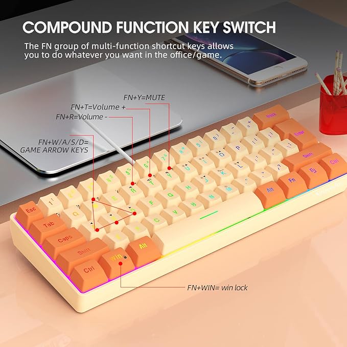 Snpurdiri 60% Wired Gaming Keyboard RGB Backlit Ultra-Compact Mini Keyboard Waterproof Mini Compact 61 Keys Keyboard for PC/Mac Gamer Typist Travel (Orange and Cream)
