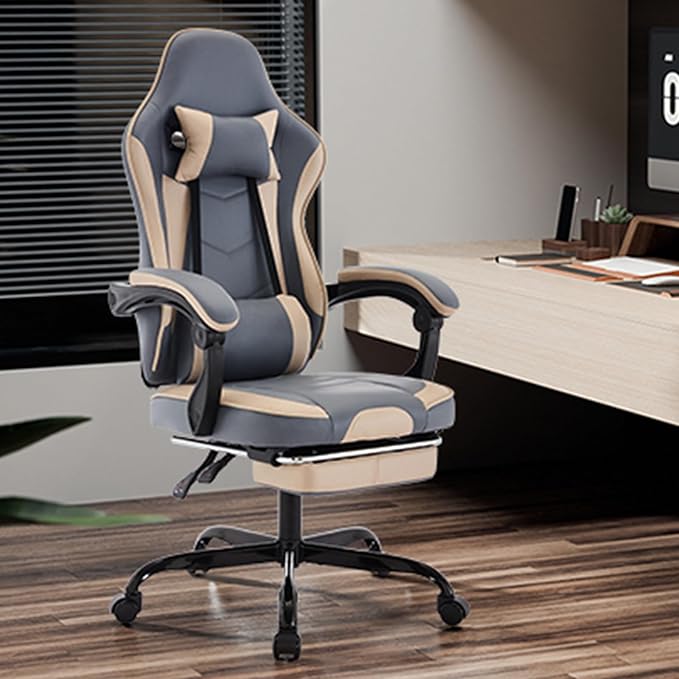 Leather Ergonomic Gaming Chair with Footrest Comfy Beige Gaming Chair with Comfortable Headrest &amp Lumbar Support for Adults Kids Women Men Boys 300 LBS Capacity (Beige+Blue)