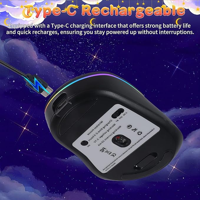 elec Space Bluetooth Wireless Mouse with Starry Sky RGB Backlight&amp Gradient Breathing Light - Ergonomic Dual Mode Rechargeable Mouse Type-C Charging - Perfect for Office Gaming &amp Travel (Bal