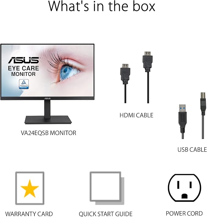 ASUS 24” 1080P Monitor (VA24EQSB) - Full HD IPS 75Hz Built-in Speakers Eye Care Low Blue Light Flicker Free VESA Mountable Height Adjustment Frameless DisplayPort HDMI VGA USB HubBlack