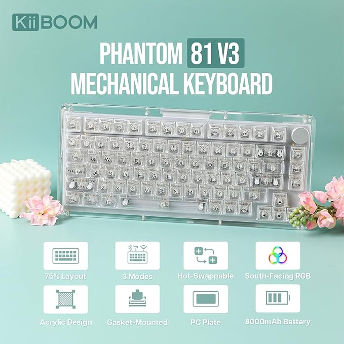 KiiBoom Phantom 81 75% Transparent Mechanical Gaming Keyboard Hot Swappable Custom Gasket Keyboard with RGB Backlit Clear Keycap Rechargeable Battery Triple Mode for Win/Mac (Phantom 81 V3 Clear)