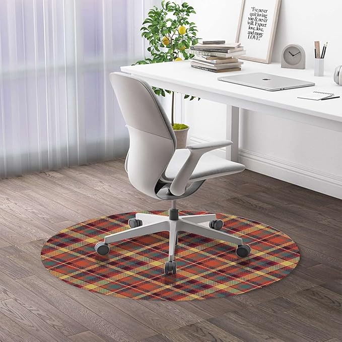 Multicolor PU Leather Desk Chair Mat for Hard Floors Geometrical Crossed Stripes Plaid Computer Gaming Rolling Chair Mat Under Desk Low-Pile Rug Checkered Diameter 47.2 in