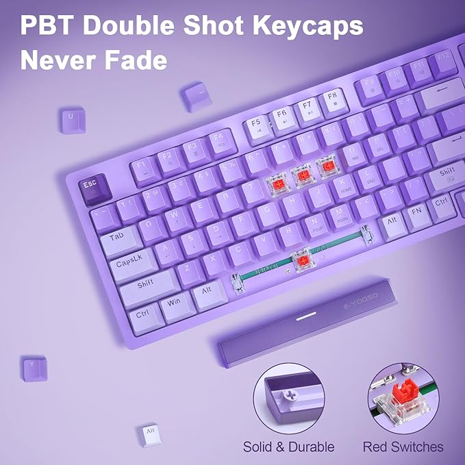 HUO JI Mechanical Gaming Keyboard USB Wired Compact with Number Pad Purple Led Backlit Red Switch Detachable Type C Cable 94 Keys for PC/Computer/Laptop Purple and White